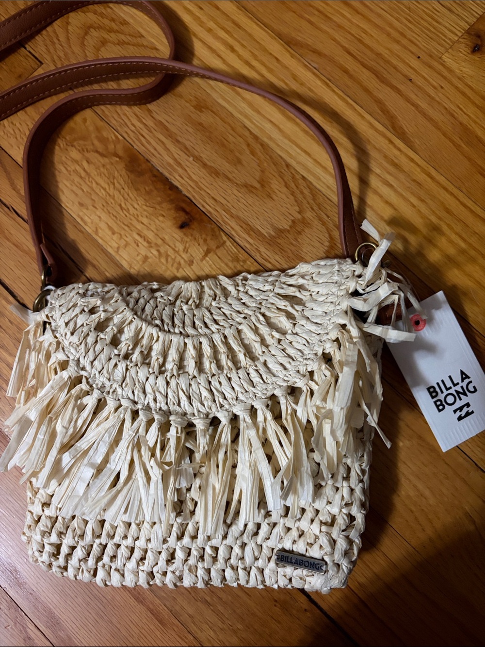 Billabong Cream Woven Fringe Crossbody with Brown Strap